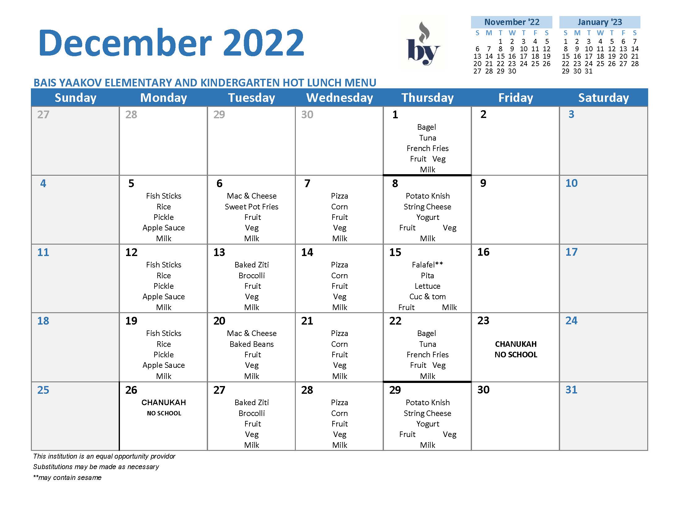 Elementary School Menu - December 2022