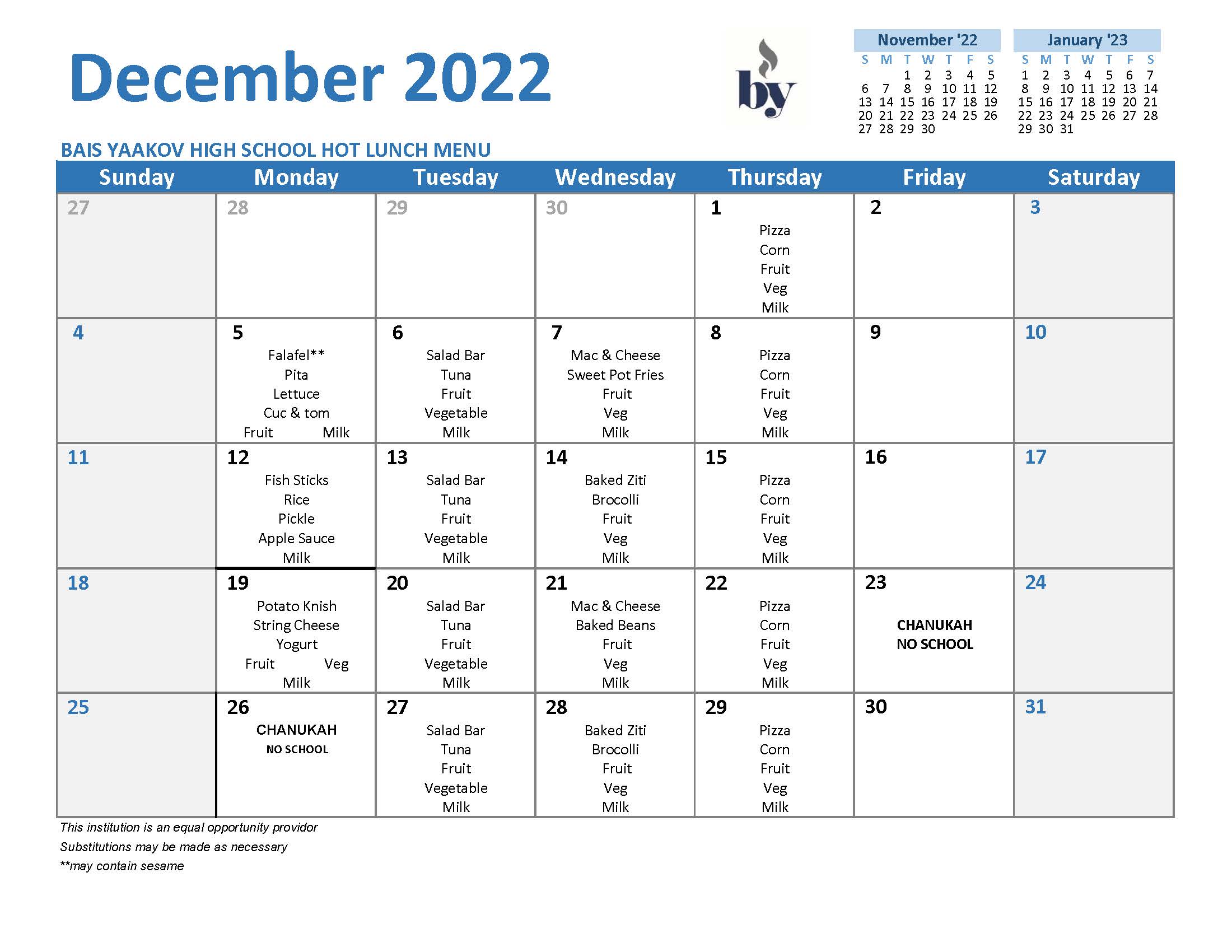 High School Menu - December 2022