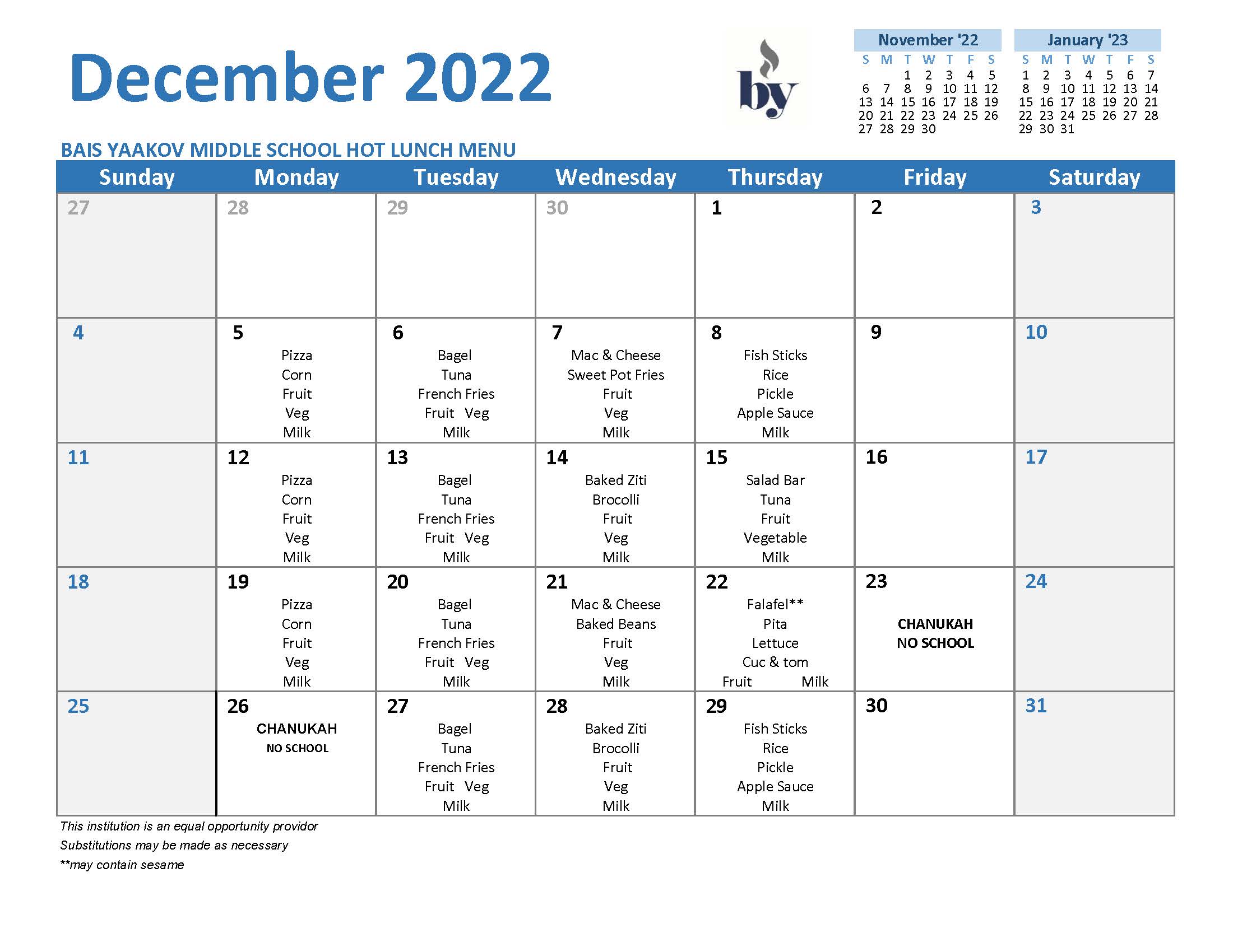 Middle School Menu - December 2022